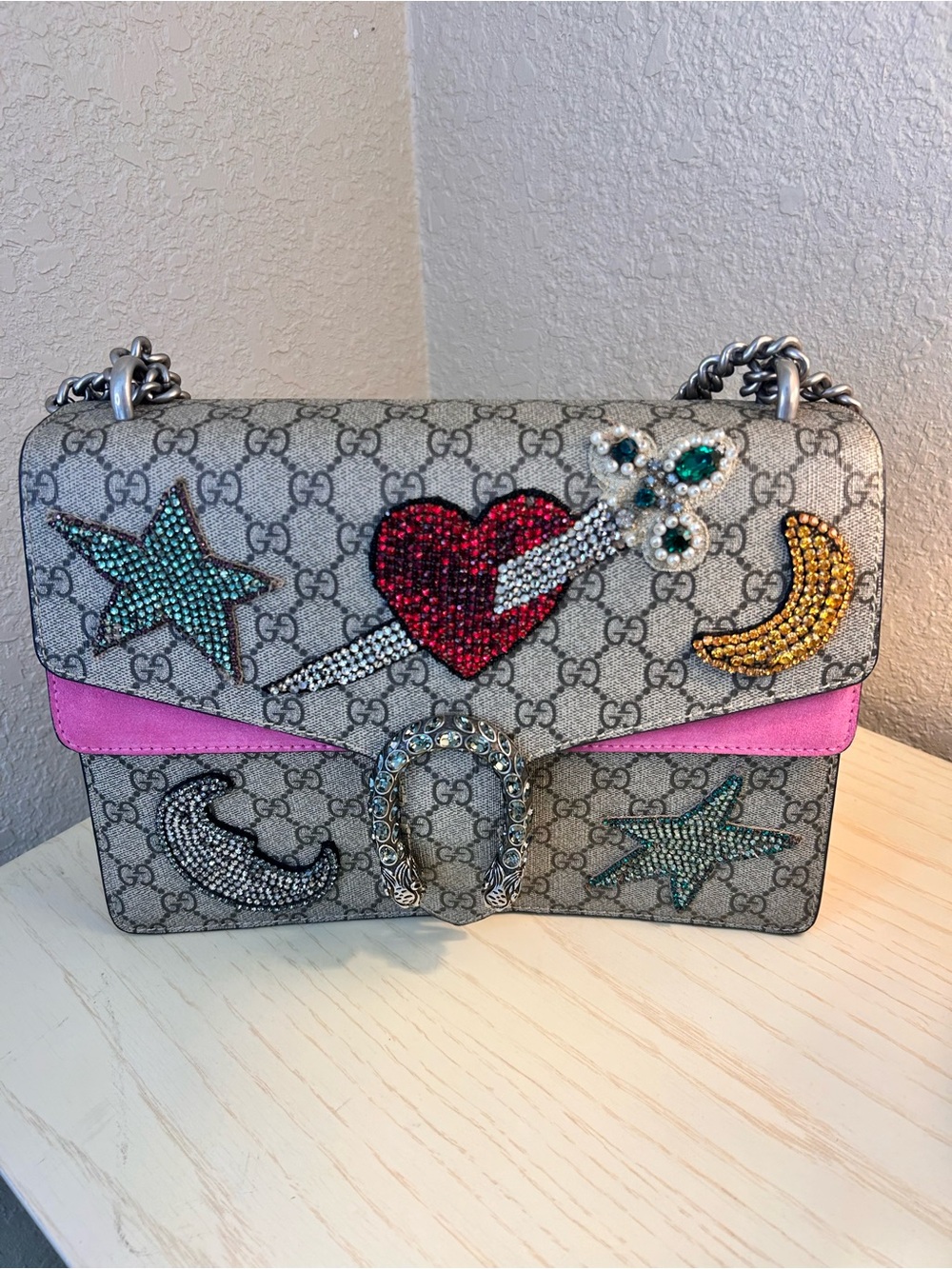 Gucci GG Supreme Dionysus Pierced Heart & Stars Medium Shoulder Bag Pink COA